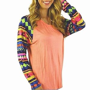 MISS 2 DAY Neon Round Neck Top in Coral with Multi-Color Printed Sleeves